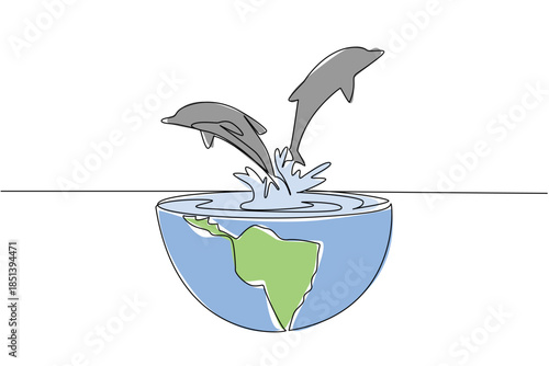 Continuous line drawing shows dolphins leaping from a half Earth bowl of water, reflecting an environmental concept for World Oceans Day theme, highlighting marine life and awareness.