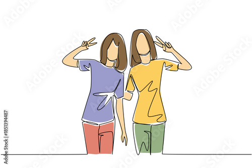 One line drawing of two girls posing with peace signs and smiling together, expressing joy and closeness in friendship, ideal for National Best Friends Day theme and minimalist vector concept.