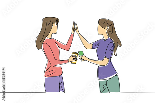 Single line drawing of two women celebrating friendship with drinks and high five, symbolizing joy and unity for National Best Friends Day, vector art with minimalist design concept.