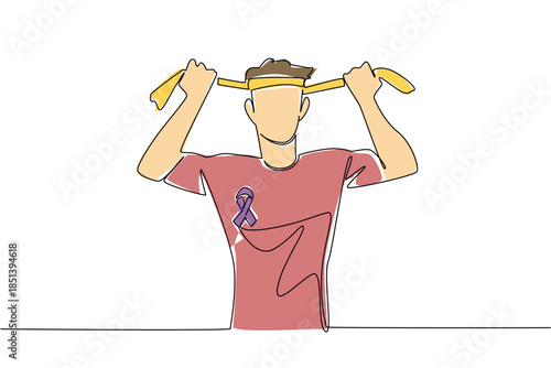 Single line drawing of a strong man tying a yellow headband, wearing a shirt with a purple cancer ribbon, symbolizing courage, resilience, and hope on National Cancer Thriver Day.