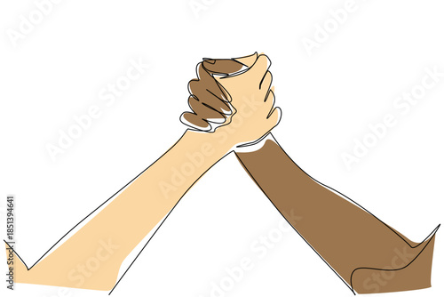 A continuous line drawing of two hands clasped together in different skin tones symbolizes unity, trust, and equality for Race Unity Day, promoting peace, solidarity, and mutual respect.