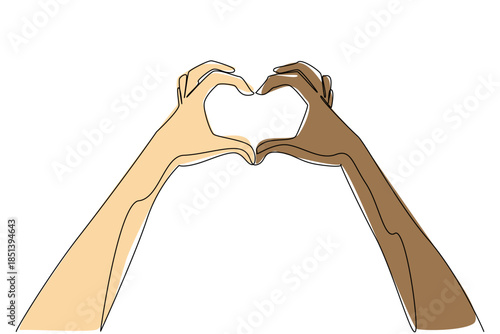 A colorful continuous line drawing of two hands forming a heart symbol illustrates love, acceptance, and equality for Race Unity Day, celebrating global harmony and cultural understanding.