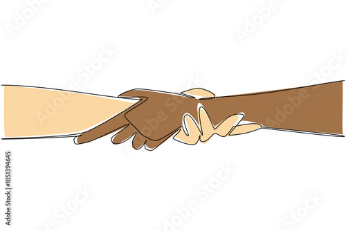 A continuous line drawing of two hands clasped together in different skin tones symbolizes unity, trust, and equality for Race Unity Day, promoting peace, solidarity, and mutual respect.