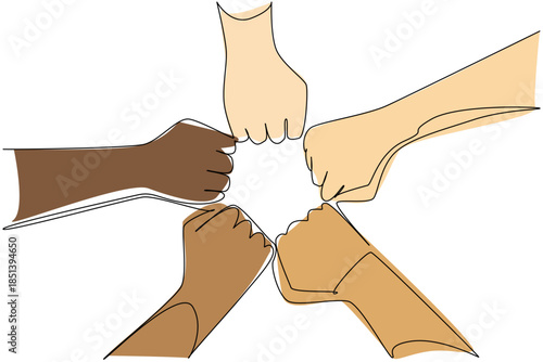 A continuous line drawing of multiple race fists joined in a circle illustrates empowerment, solidarity, and unity for Race Unity Day, honoring global equality, justice, and human rights.