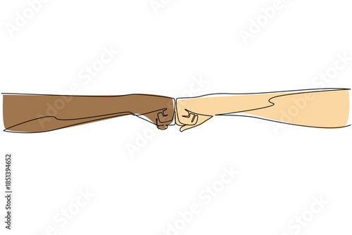 Continuous line drawing of two diverse fists bumping together in solidarity highlights teamwork, equality, and trust for Race Unity Day, emphasizing global partnership and cooperation across cultures.
