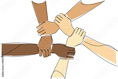 A colorful continuous line drawing of multiple interlocked diverse arms forming a circle represents teamwork, equality, and solidarity for Race Unity Day, celebrating cultural unity and global peace.