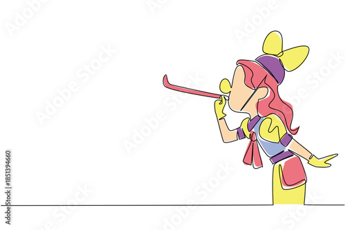 Girl wearing festive clothes and blowing a party blower in single line drawing style, capturing the cheerful spirit of celebration. Artwork represents a holiday concept with the theme of National Kids
