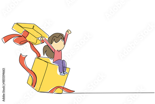 Girl joyfully emerging from a gift box is illustrated in continuous line drawing style, the happiness and innocence of children. Artwork represents a nature concept with the theme of National Kids Day