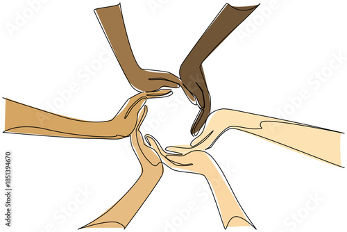 A colorful continuous line drawing of diverse hands arranged in a circle symbolizes cooperation and cultural respect for Race Unity Day, emphasizing unity, peace, and mutual understanding worldwide.