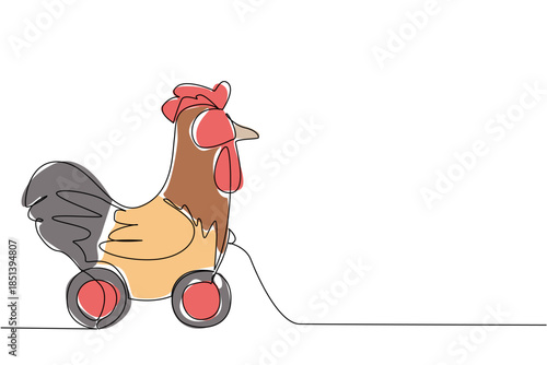 Colorful rooster wooden wheeled toy illustrated in continuous line drawing style, capturing playful charm and simplicity. Animal concept emphasizes fun, childhood, and minimalism.