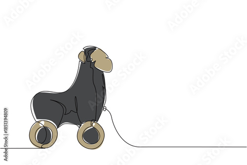Playful chimpanzee wooden wheeled toy illustrated in continuous line drawing style, showcasing minimal design with a nature concept. Ideal for kids toys, creative artwork, and animal inspired designs