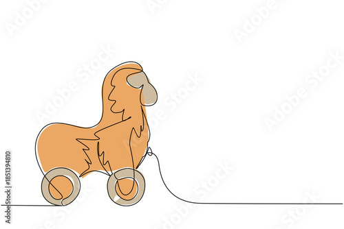 Creative orangutan wooden wheeled toy illustrated in single line drawing style, emphasizing a nature concept with minimalist character design. Perfect for kids, art projects, and animal themed visuals