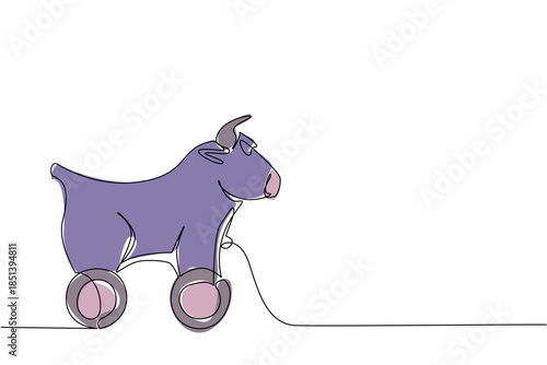 Buffalo wooden wheeled toy drawn in continuous line drawing style, blending nature concept with playful minimalist design. Perfect for rustic animal art, toy illustrations, and creative decor.