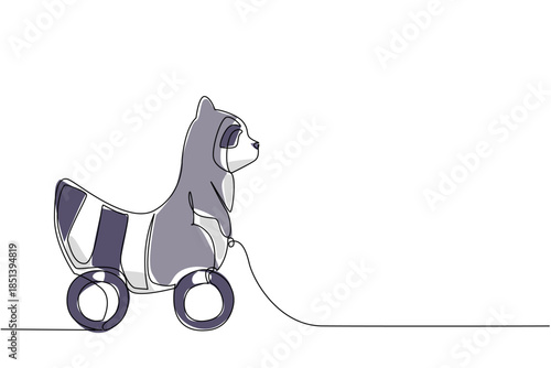 Cute raccoon wooden wheeled toy illustrated in continuous line drawing style, capturing the playful forest animal with a minimalist design concept for children and modern artwork.