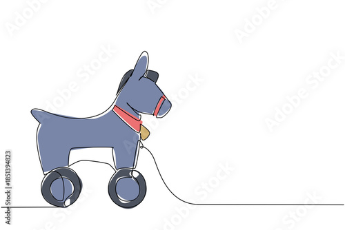 Minimalist donkey wooden wheeled toy illustrated in single line drawing style, highlighting the playful nature concept with charming simplicity for design and children themes.