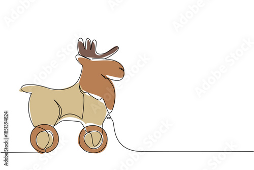 Moose wooden wheeled toy depicted in continuous line drawing style, highlighting a nature concept with minimalist charm. Perfect for children toys, wildlife art, and creative animal themed design.