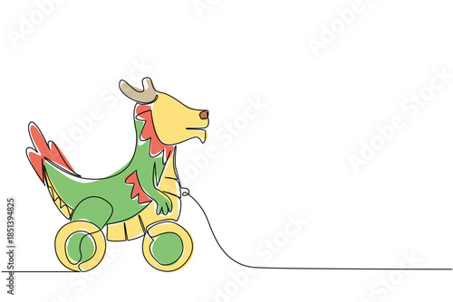 Vibrant dragon wooden wheeled toy illustrated in single line drawing style, combining fantasy and playfulness. Animal concept highlights imagination, childhood, and artistic creativity.