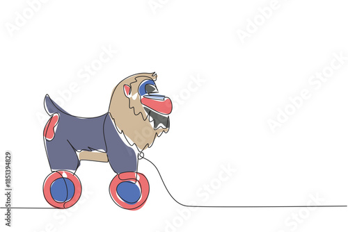 Colorful mandrill wooden wheeled toy illustrated in continuous line drawing style, showing unique primate features with a playful minimalist art concept for creative design use.