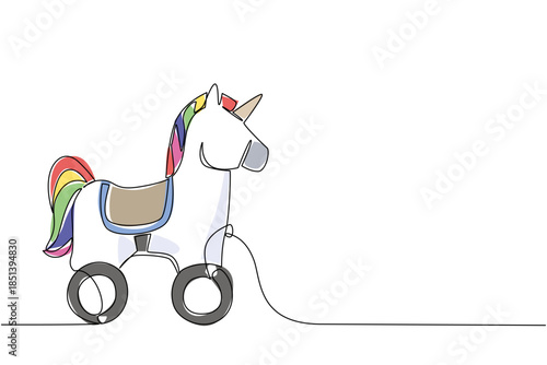 Magical unicorn wooden wheeled toy illustrated in continuous line drawing style, combining fantasy animal charm with a creative minimalist design concept for playful artwork projects.