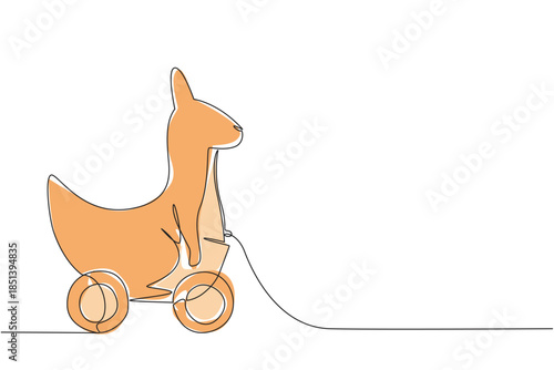 Kangaroo wooden wheeled toy illustrated in single line drawing style, symbolizing energy and playfulness. Animal concept represents childhood fun, minimal design, and creative art.