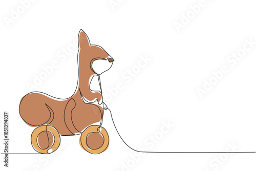 Cute squirrel wooden wheeled toy created in continuous line drawing style, capturing playful woodland charm. Animal concept emphasizes innocence, childhood fun, and minimalist art.