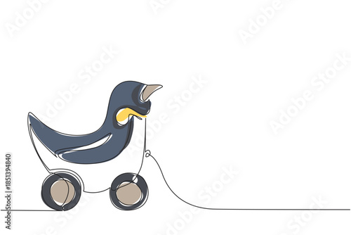 Charming penguin wooden wheeled toy illustrated in continuous line drawing style, showcasing a playful bird design. Animal concept combines simplicity, fun, and creative childhood spirit.