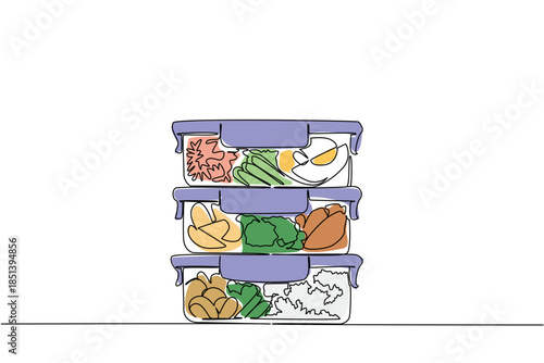 Single line drawing of stacked meal prep containers filled with fresh vegetables, designed for National Meal Prep Day with a health concept that inspires organization, wellness, and nutrition.