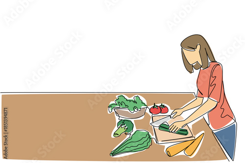 Continuous line drawing of a woman chopping vegetables at a kitchen table, symbolizing National Meal Prep Day with a health concept that promotes nutrition, balance, and clean eating.