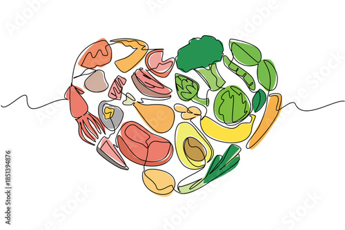 Single line drawing of assorted vegetables, fruits, and proteins shaped into a heart, promoting balance. Food concept artwork with Eat Flexitarian Day international event theme.