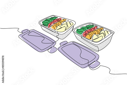 Continuous line drawing of open meal prep containers with vegetables on a table, marking National Meal Prep Day with a health concept that represents balance, clean eating, and nutrition.