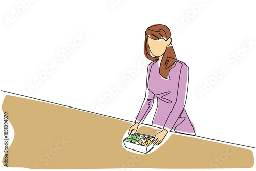 One line drawing of a woman holding a meal prep container filled with vegetables, celebrating National Meal Prep Day with a health concept that highlights order, wellness, and diet.