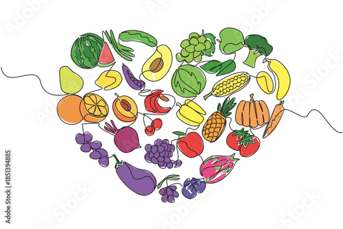 One line drawing showing a colorful heart filled with various fruits and vegetables, highlighting diversity in plant-based diets. Food concept illustration for Eat Flexitarian Day.