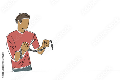 Single line drawing of a man holding broken chains in both hands, symbolizing resistance and victory. A history concept illustration for Abolition Day, honoring freedom and equality.