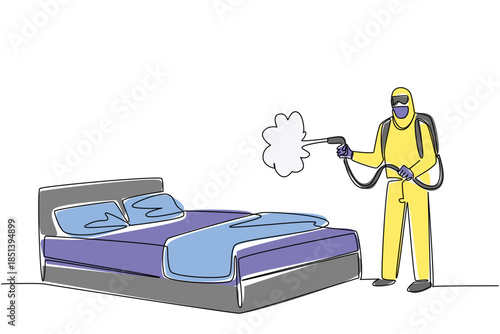 One line drawing of a worker in mask and hazmat gear using cleaning equipment to sanitize a mattress, representing industry concept and health awareness for National Bed Bug Prevention Day.
