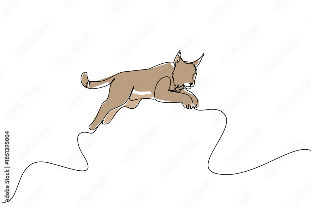 Obraz premium Continuous line drawing of a lynx gracefully leaping, representing agility and wildlife beauty. Nature concept for International Lynx Day highlights animal strength and conservation theme.
