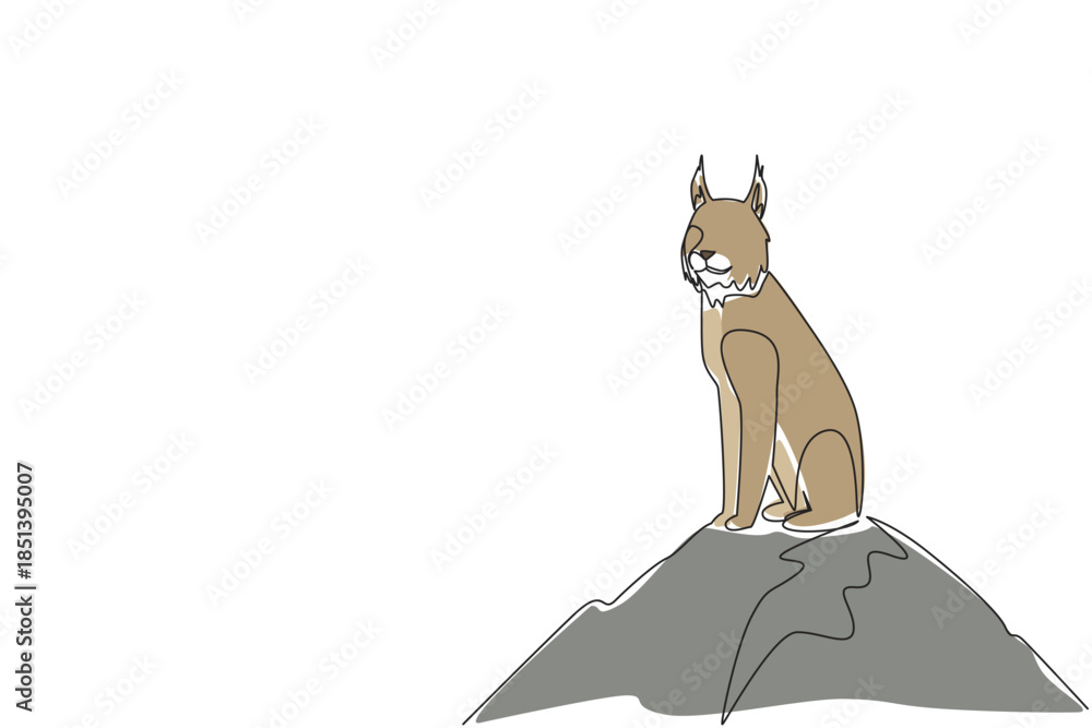 Obraz premium Single line drawing of a lynx sitting on a mountain rock, embodying strength and nature beauty. Nature concept artwork for International Lynx Day, promoting wildlife preservation theme.
