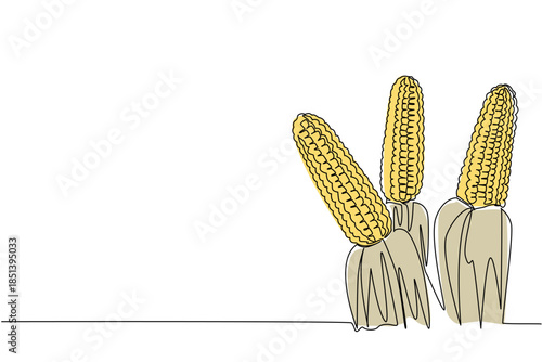 Continuous line drawing showing fresh corn on the cob growing in husks, created for National Corn on the Cob Day with an agriculture concept and food celebration theme illustration.