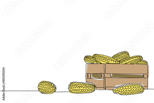 Single line drawing of multiple corn cobs stacked inside a crate, designed for National Corn on the Cob Day with an agriculture concept and farming harvest theme food artwork.