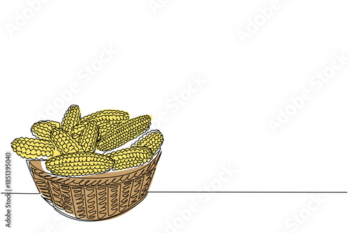 One line drawing of a woven bowl filled with corn cobs, styled for National Corn on the Cob Day, combining a food concept and agricultural celebration theme for healthy harvest artwork.