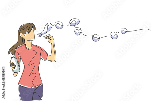Lovely one line drawing of a woman blowing soap bubbles. A beautiful lifestyle concept for National Making Life Beautiful Day, representing simple pleasures, joy, and carefree moments.