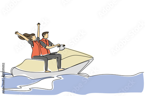 Joyful one line drawing of a young couple riding a jet ski. A fun lifestyle concept for National Making Life Beautiful Day, celebrating adventure, summer vacation, and shared happiness.