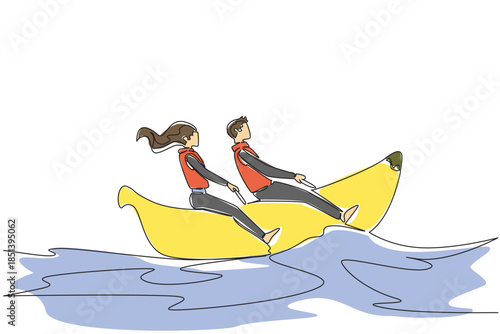 Exciting single line drawing of a couple on a banana boat. A fun lifestyle concept for National Making Life Beautiful Day, celebrating summer fun, water sports, and shared adventure.