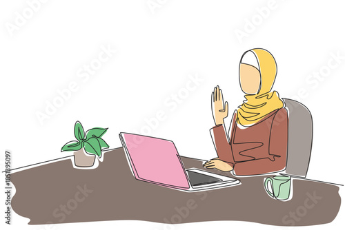 One line drawing portrays a Arabian muslim woman in hijab waving at her laptop, symbolizing inclusion, culture, and digital connection in a business concept for Say Hi Day worldwide.