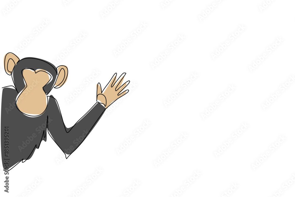 Obraz premium Single line drawing of a monkey waving hand behind the wall, expressing a nature concept with the theme animal waving paw, suitable for International Monkey Day and fun wildlife inspired illustrations