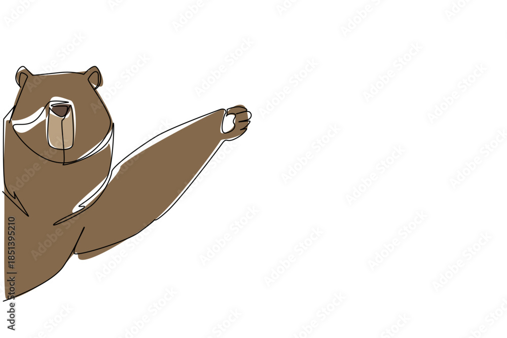 Fototapeta premium One line drawing of a brown bear waving paw behind the wall, reflecting a nature concept with the theme animal waving hand, inspired by International Bear Day and wildlife awareness design.