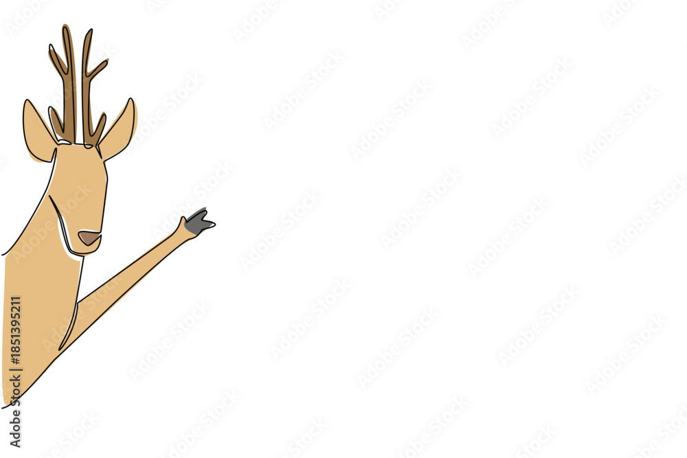 Obraz premium Continuous line drawing features a deer waving its leg behind a wall, reflecting wildlife grace. A nature concept piece with a theme for World Wildlife Day celebration.
