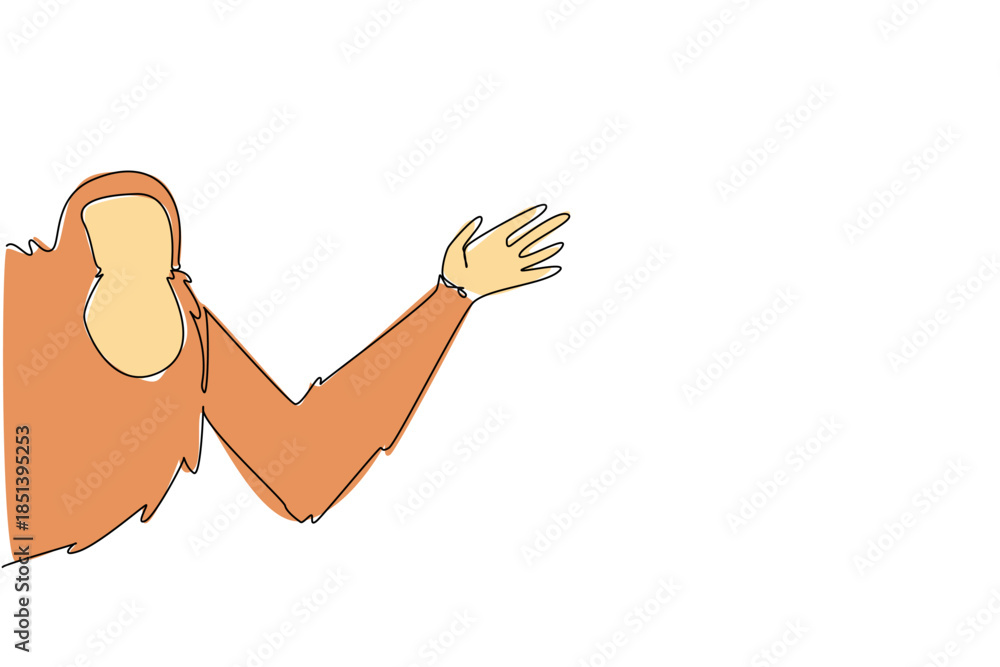 Fototapeta premium One line drawing of an orangutan waving its hand behind a wall, highlighting rainforest conservation in a nature concept, themed for International Orangutan Awareness Day.