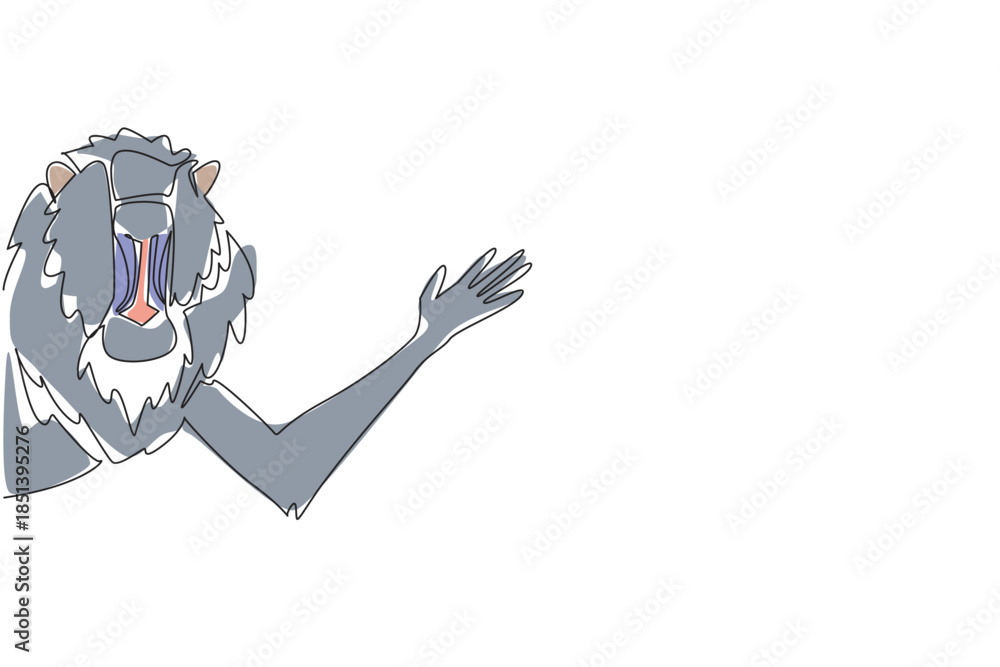 Fototapeta premium Single line drawing shows a mandrill with its hand raised playfully behind a wall, designed as an animal concept artwork for International Primate Day in vibrant minimalist vector style.