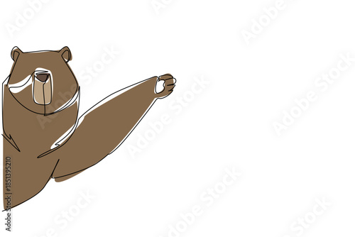 One line drawing of a brown bear waving paw behind the wall, reflecting a nature concept with the theme animal waving hand, inspired by International Bear Day and wildlife awareness design.