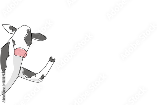 Single line drawing showcases a cow waving its hoof from behind a wall, symbolizing farming culture. A nature concept artwork themed for International Farmers Day.